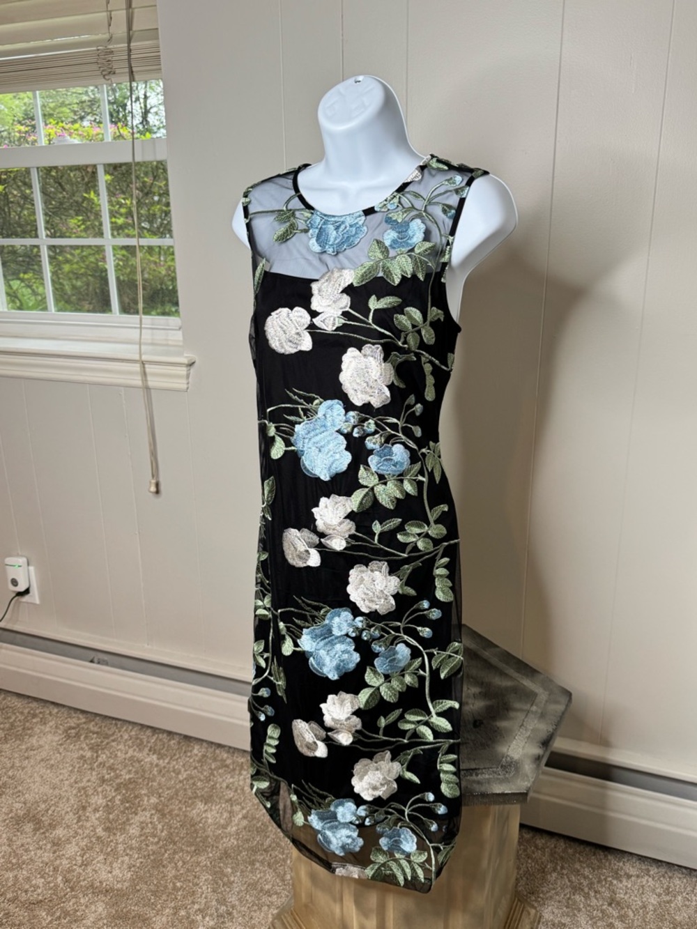 Calvin Klein Black Embroidered Floral Midi Dress with Sheer Yoke